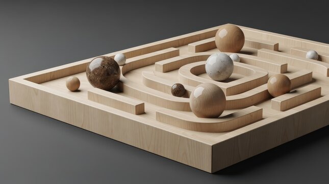 A minimalist wooden labyrinth game with various spheres navigating through pathways on a flat board.