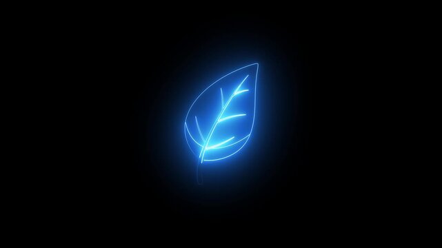 Leaf icon glows with a bright blue neon light against a dark black canvas.
