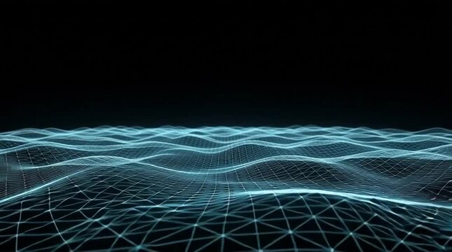 Abstract digital wave landscape with glowing blue wireframe grid black background, seamless looping motion, futuristic data surface, 3D mesh network, blue wireframe landscape, dark space