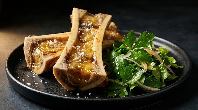 Gourmet roasted beef bone marrow sprinkled with sea salt and served with a fresh parsley salad on a dark plate