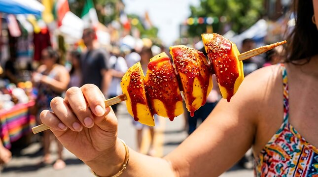 A person holding a delicious Mexican street food snack of sliced fresh mango on a stick drizzled with spicy chamoy sauce at a busy outdoor market