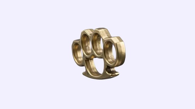 A shiny brass knuckle duster hand weapon rendered in polished golden metal, isolated on a clean white background. Great for action game weapon icons, crime drama overlays, street defense visual assets