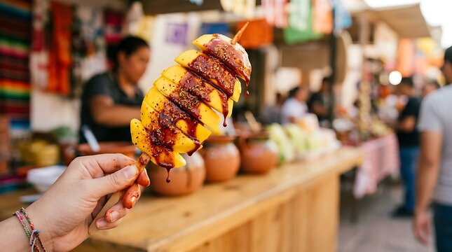 Hand holding a fresh mango on a stick drizzled with spicy chamoy sauce at a traditional Mexican market food stall