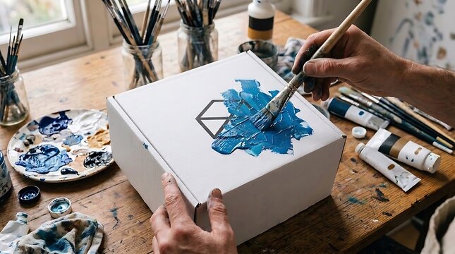 Artist painting a custom blue logo onto a white cardboard box at a wooden workbench filled with art supplies