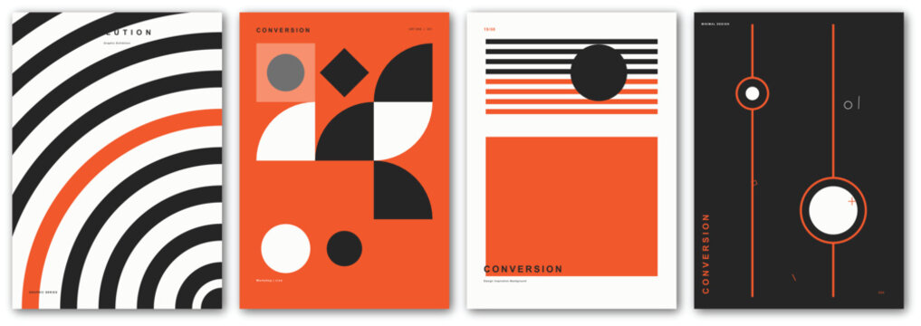 Geometric pattern backgrounds, modern abstract designs, orange black white shapes, vector set