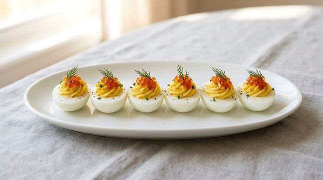 Gourmet deviled eggs topped with red caviar and fresh dill served on a white oval platter