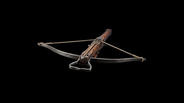An ancient wooden crossbow with a dark metal limb and foot stirrup hovering dramatically against a black backdrop. Perfect for cinematic dark fantasy intros, historical military trailers, and gaming g