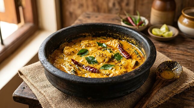 Traditional Indian fish curry cooked in a black clay pot served on a rustic wooden table with spices