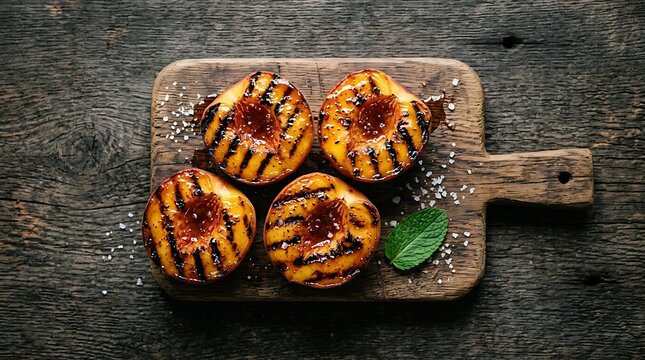 Delicious grilled peach halves with caramelized sugar and mint served on a rustic wooden cutting board