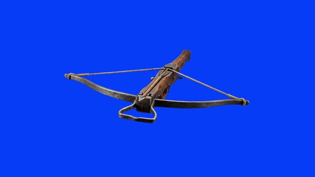 A detailed ancient medieval wooden crossbow with steel limbs floating diagonally against a solid bright blue backdrop. Suitable for historical warfare documentaries, RPG video game trailers, medieval 