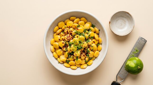 Top view of a bowl of seasoned lupini beans with fresh herbs, chili flakes, and lime on a beige background