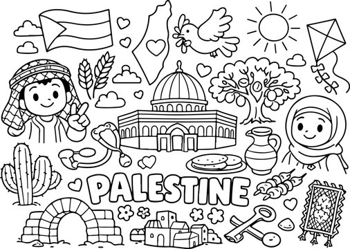 Palestina, monumentos, contorno de dibujos animados, ilustraci&oacute;n de arte lineal dibujada a mano, dibujo de garabatos, p&aacute;gina para colorear para ni&ntilde;os