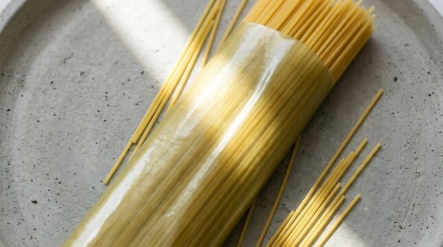 Raw spaghetti pasta wrapped in plastic packaging on a textured gray plate under natural light.