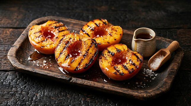Delicious grilled peaches drizzled with maple syrup and sea salt served on a rustic wooden tray