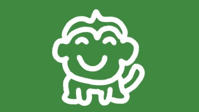 Cute happy monkey character hand-drawn cartoon graphic with chalk outline smiling ape icon and creative childhood animal illustration isolated on green screen background. Seamless looping.