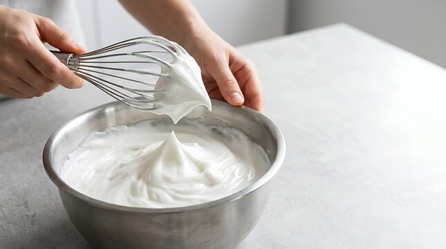 Hands whipping egg whites to stiff peaks in a stainless steel bowl on a kitchen counter