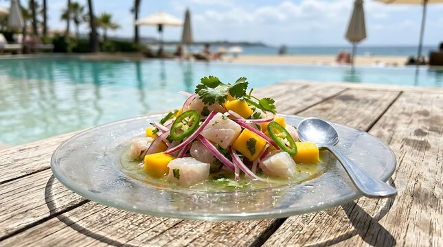 Fresh seafood ceviche with mango and jalape&ntilde;o served on a wooden table next to a tropical resort swimming pool
