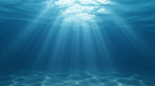 Underwater ocean scene with sunbeam, blue water surface shimmer, calm sea floor, light rays, clear water, serene aquatic depth and empty marine space