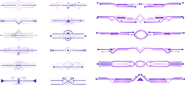 A comprehensive set of futuristic purple tech dividers and digital geometric lines for sci-fi interface or gaming hud layout designs.