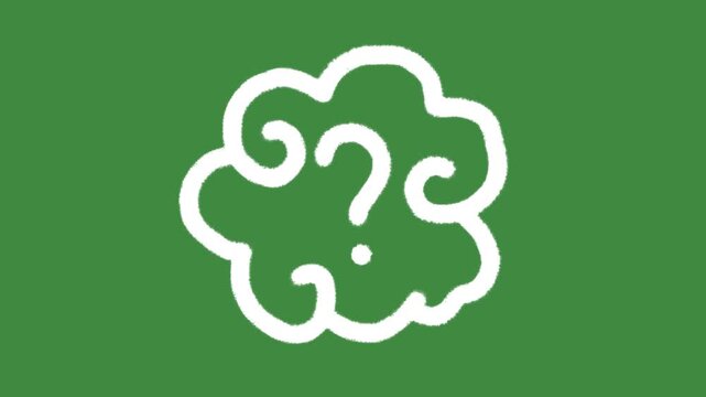Question mark brainstorming cloud hand-drawn cartoon graphic with chalk outline FAQ help symbol and creative query notification sign isolated on green screen background for critical thinking line art.