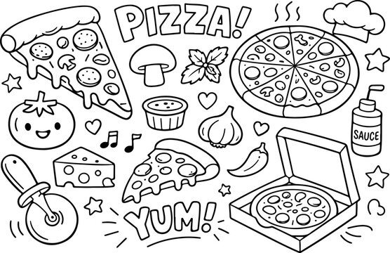 Me encanta la pizza, dibujo animado, ilustraci&oacute;n lineal dibujada a mano, p&aacute;gina para colorear para ni&ntilde;os