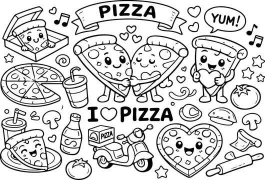 Me encanta la pizza, dibujo animado, ilustraci&oacute;n lineal dibujada a mano, p&aacute;gina para colorear para ni&ntilde;os