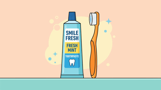 Toothpaste tube and a toothbrush stand together on a counter to represent daily oral hygiene routines.