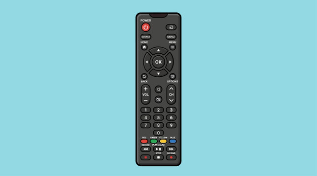 Remote control with detailed numerical keypad and directional navigation buttons rests on a flat teal surface.