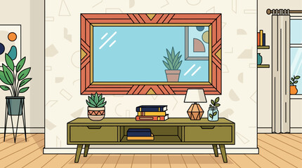 Console table with books and a lamp stands centered beneath a large decorative mirror in a bright room. © Fatima