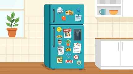 Refrigerator stands in a modern kitchen interior adorned with numerous decorative magnets and a handwritten note. © Fatima