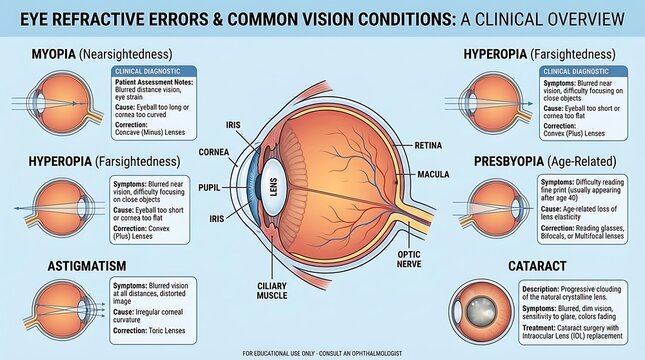 Clinical overview infographic of eye refractive errors and common vision conditions including myopia hyperopia presbyopia and cataract with detailed labeled eye anatomy diagrams