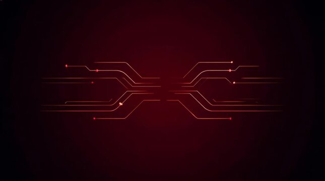 Abstract red circuit line background with dark glowing technology pattern, symmetrical digital design, futuristic seamless loop vector style for SEO video title