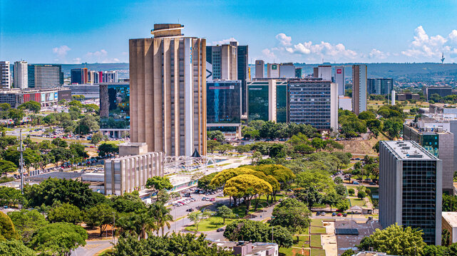 The Caixa Econ&ocirc;mica Federal Headquarters is in the South Banking District (SBS). The imposing complex stands out in the urban landscape and it houses the famous Stained-Glass Atrium. Bras&iacute;lia, 2025.
