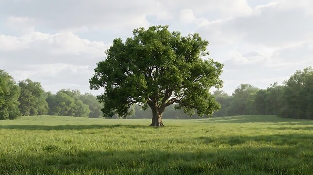 A majestic cinnamomum camphor tree standing alone in the middle of a peaceful lush green meadow under a bright cloudy sky on a warm summer afternoon