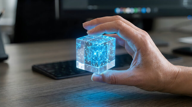 3d glass cube with colorful light reflections on dark surface