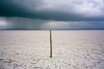 Fototapeta premium Hailstorm Sweeping Across Vast Cracked Salt Flat