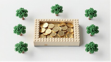 Fototapeta premium Lego box filled with gold coins, surrounded by green tree models on white surface.