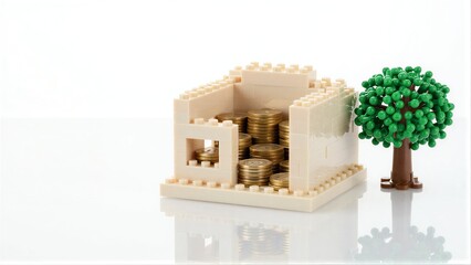 Fototapeta premium Lego house filled with gold coins, tree beside it on reflective surface.
