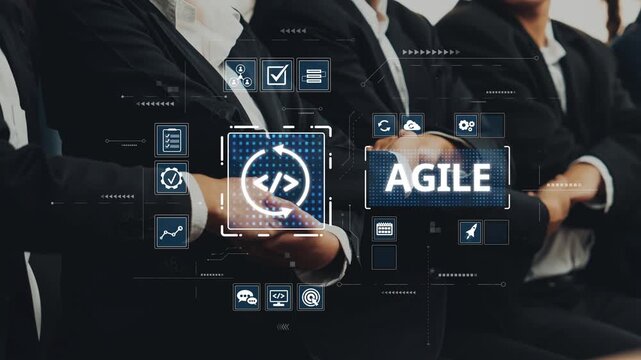 A dynamic scene depicting business professionals collaborating on agile project management, enhanced by a digital interface highlighting key icons and concepts. Raster