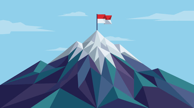 Low poly mountain peak with Indonesian flag on top.