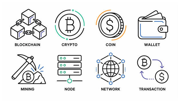 Cryptocurrency and Blockchain Technology Icons.