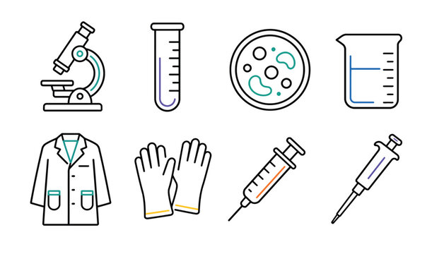 Laboratory equipment and medical tools icons.