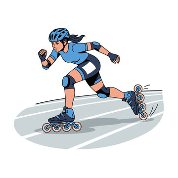 Professional female athlete inline skating fast on track with full safety gear illustration