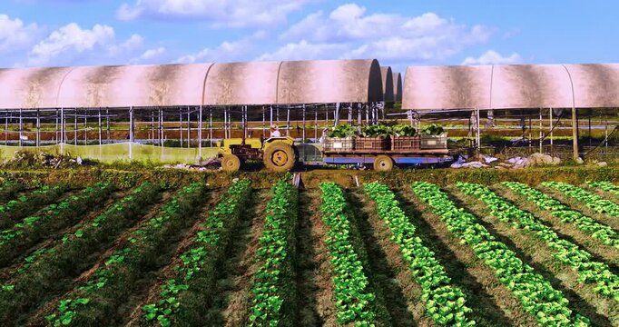 4K animation of lettuce growing in cultivated rows on a modern farm, showcasing crop growth, sustainable agriculture and food production.