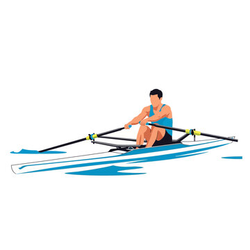 Professional Male Athlete Rowing Sculling Boat on Water Vector Illustration
