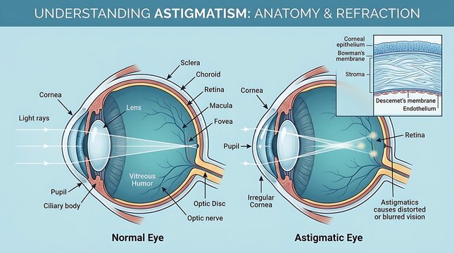 Detailed anatomical illustration of the human eye comparing normal refraction with astigmatism showing light ray paths and a microscopic view of the corneal epithelium and stroma layers