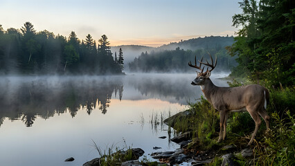 Fototapeta na wymiar Majestic white-tailed deer buck standing at the shore of a misty lake during early morning with wildlife landscape wilderness outdoors