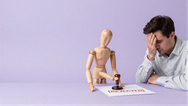 Man feels defeated as wooden figure stamps 'REJECTED' on paper.