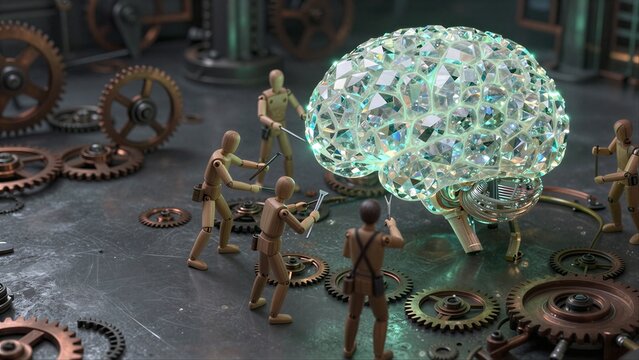 Wooden figures assemble a glowing, crystalline brain amidst gears and machinery.