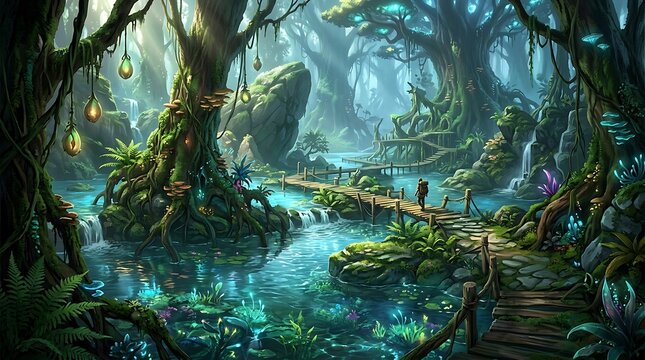 Mystical forest river with glowing water and ancient trees.